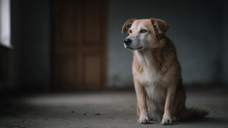 A serene dog sits thoughtfully in an abandoned room, capturing a moment of quiet reflection in a dimly lit environment, evoking feelings of solitude.の素材