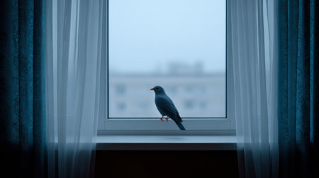 A solitary bird sits quietly on a windowsill, surrounded by sheer curtains, capturing a moment of peace and tranquility in soft daylight.の素材