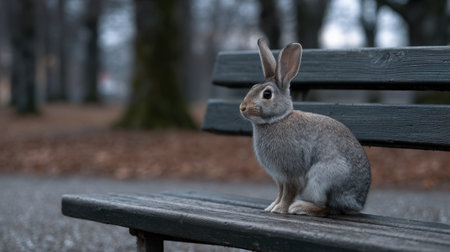 A serene gray rabbit sits quietly on a worn wooden bench in an autumn park, surrounded by fallen leaves, capturing the essence of tranquility and nature.の素材