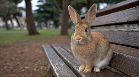 A charming brown bunny sits gracefully on a wooden bench, blending seamlessly into a tranquil park environment with lush greenery and tall trees, evoking peace.の素材