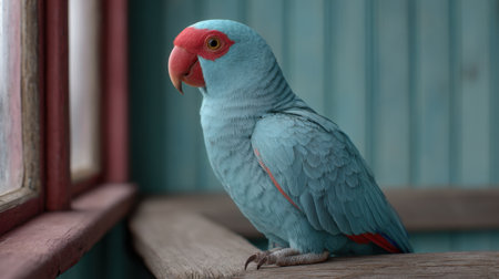 A stunning blue parrot with red accents sits gracefully near a window, capturing the essence of peaceful indoor moments with vibrant colors and natural beauty.の素材