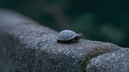 A small turtle rests on a concrete wall, set against a beautifully blurred natural background. The scene captures tranquility in nature, showcasing the creature's detail and serene presence.の素材
