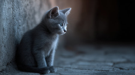 This charming gray kitten sits quietly in a soft light, showcasing its captivating eyes and delicate features while exuding an air of peaceful curiosity.の素材