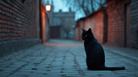 An enchanting scene featuring a black cat sitting gracefully on a cobblestone pathway in a dark alley during twilight hours, illuminated by a warm street lamp.の素材
