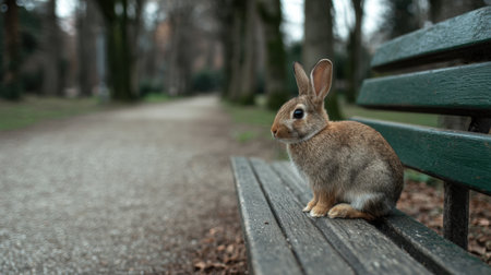 A serene scene featuring a calm rabbit sitting on a park bench, surrounded by nature. The soft colors and tranquil setting create a peaceful atmosphere.の素材