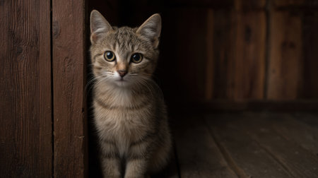 A charming tabby kitten peeks from behind a weathered wooden panel, showcasing its curious gaze and adorable features in a serene indoor setting.の素材