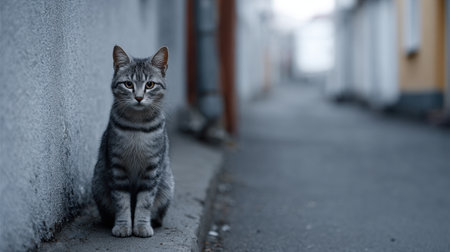 A solitary gray cat sits peacefully on a street curb in an urban alleyway, capturing the serene ambiance of twilight in a quiet neighborhood.の素材