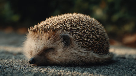 A cute hedgehog peacefully sleeps on a soft surface, surrounded by greenery and gentle natural light, capturing the essence of tranquility in wildlife.の素材