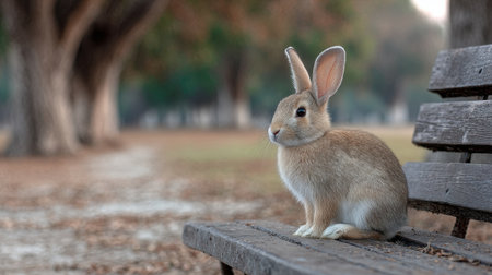 A charming brown rabbit perches quietly on a wooden bench in a tranquil park, showcasing its soft fur and serene setting among autumn leaves.の素材