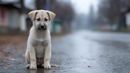 A lonely puppy sits on a wet street, its hopeful eyes reflecting the gloomy atmosphere. This heartwarming scene captures the innocence and vulnerability of a young dog longing for companionship.の素材