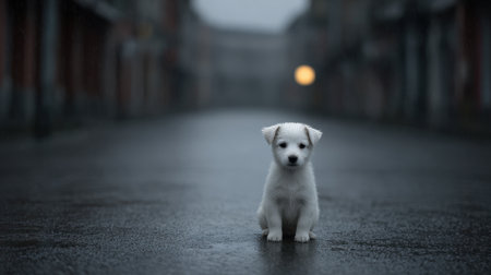 A small white puppy sits alone on a deserted street, surrounded by a moody atmosphere. The wet pavement enhances the tranquil scene.の素材