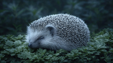 This serene image captures a sleeping hedgehog nestled among lush greenery, showcasing its unique spines and tranquil demeanor in a natural forest habitat.の素材
