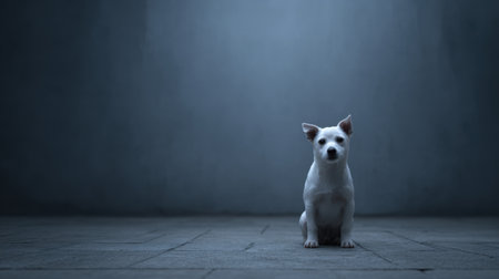 This image features a small white dog sitting gracefully in a dimly lit room. The soft gray background enhances the mood of solitude and calm, making it ideal for emotional and pet-related themes.の素材