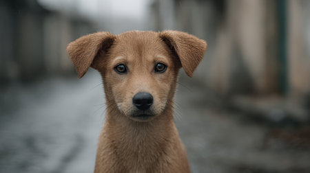 A captivating portrait of a young brown puppy with expressive eyes set against an urban backdrop, capturing the charm and innocence of this adorable animal.の素材