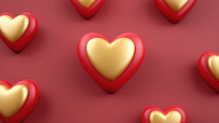 A vibrant composition of 3D heart shapes in red and gold set against a soft pink background, perfect for romantic themes and celebrations.の素材