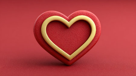 This striking image features a realistic red heart with a golden outline set against a soft red background, ideal for romantic themes and designs.の素材