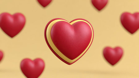 This vibrant image features a three-dimensional red heart with yellow accents, floating gracefully against a soft beige background. It symbolizes love and affection, perfect for expressing deep emotions.の素材
