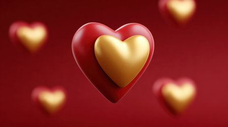 This image features vibrant red and gold hearts with a glossy finish, artistically arranged against a rich red background. Perfect for expressions of love and romance.の素材