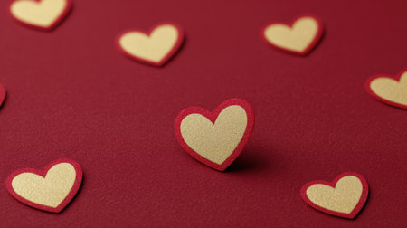 A captivating arrangement of colorful hearts on a rich red background, perfect for conveying romance, love, and special celebrations. Ideal for design projects and invitations.の素材