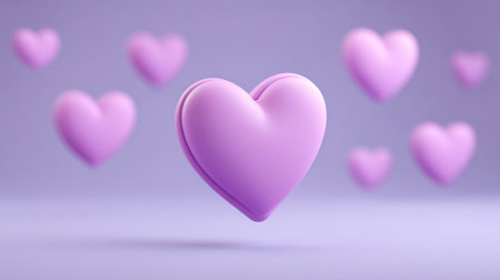 This image features a collection of floating pink hearts against a soft purple background, perfect for use in romantic projects, creative designs, and expressive art.の素材