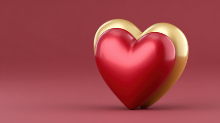 This 3D rendering features interlocking red and gold hearts set against a soft maroon background, symbolizing love and unity, perfect for celebration themes.の素材