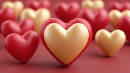 This vibrant image features colorful heart shapes in red and gold, perfect for romantic themes and festive celebrations, adding warmth to any design project.の素材