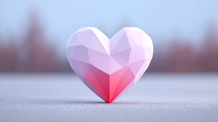 A beautifully crafted geometric heart sculpture in soft pastel colors stands gracefully against a blurred background, symbolizing love and creativity.の素材