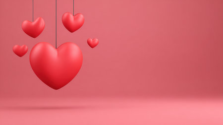 This vibrant image features colorful hanging hearts against a soft pink background, symbolizing love and affection perfect for Valentine's Day or romantic designs.の素材