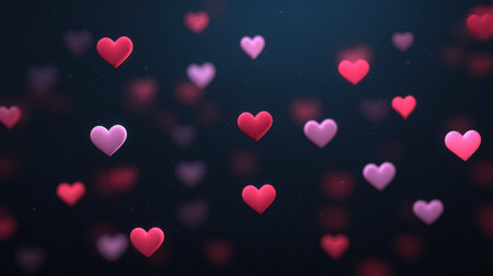 This captivating image features floating heart shapes in various shades against a soft dark background, perfect for conveying romance and love.の素材