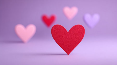 A vibrant collection of colorful hearts in various shades set against a soft purple background, perfect for illustrating themes of love and affection.の素材