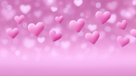 This image features soft pink hearts elegantly floating on a blurred pink backdrop, perfect for romantic themes and celebratory occasions.の素材