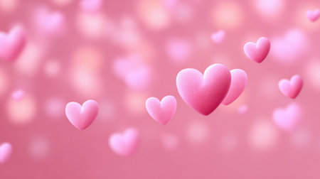 This enchanting image features floating pink hearts against a soft pink background. Ideal for themes of love, romance, and heartfelt celebrations, this visually appealing composition brings warmth and charm to any project.の素材