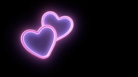 This striking image features two glowing neon hearts in vibrant pink and purple colors against a black background, symbolizing love and affection. Perfect for romantic themes.の素材