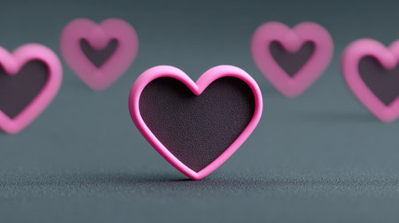 Colorful pink heart-shaped icons with dark centers are artistically arranged on a soft background, ideal for capturing romantic themes or celebrations.の素材