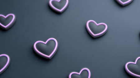 A collection of colorful heart shapes scattered on a smooth dark surface, creating a romantic and playful atmosphere perfect for various design projects.の素材