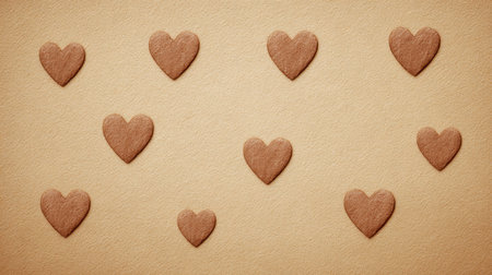 This image features a collection of brown heart shapes arranged on a textured background, ideal for romantic projects, card making, or creative crafts.の素材