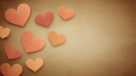 A collection of assorted paper hearts in warm hues against a textured brown background. Perfect for romantic themes, celebrations, and creative projects.の素材