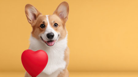 This charming Corgi dog with a bright smile and a red heart is perfect for conveying love and joy, ideal for pet enthusiasts and special occasions.の素材