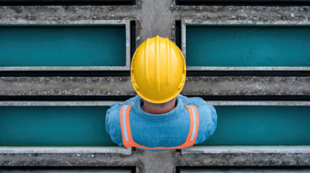 A construction worker in a yellow hard hat stands above water channels, showcasing diligence in an industrial setting and emphasizing safety during inspections.の素材
