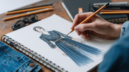 A detailed fashion sketch showcasing an elegant blue dress with artistic touches, highlighting the creative process of design in a cozy workspace.の素材