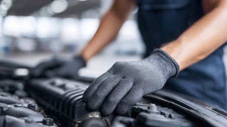 A close-up view of a mechanic's hands wearing black gloves while inspecting and working on the engine of a vehicle in an automotive workshop.の素材