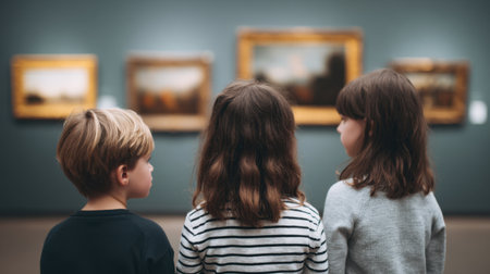 A group of children gazes thoughtfully at artwork displayed in an art gallery, capturing the essence of curiosity and cultural engagement in a modern setting.の素材