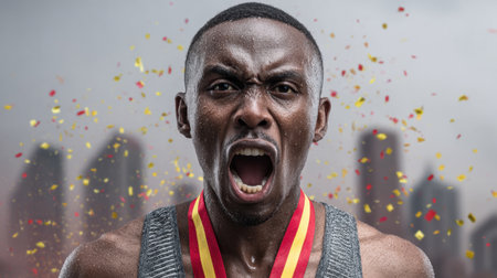 A powerful image of an athlete expressing intense emotion while celebrating a victory. Confetti rains down in an urban backdrop, showcasing passion and determination.の素材