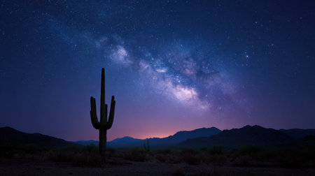 A stunning view of the Milky Way stretching across a clear night sky, featuring a bold cactus silhouette in a serene desert landscape at dusk.の素材