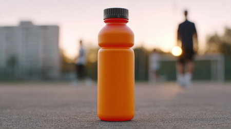 A bright orange sports drink bottle stands prominently on a sports field, capturing the essence of hydration for athletes. The background features blurred athletes engaged in their activities during a beautiful sunset.の素材