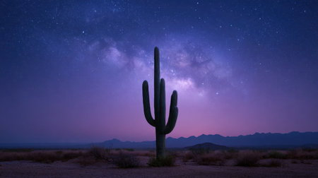 A striking silhouette of a cactus stands proudly in the desert, illuminated by the enchanting hues of twilight. The Milky Way stretches across the sky, creating a serene and peaceful atmosphere, ideal for nature lovers and stargazers. The vibrant colors of dusk provide a breathtaking backdrop to this tranquil scene.の素材