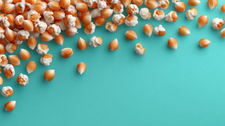A vibrant display of freshly popped popcorn scattered over a bright aqua background, showcasing raw kernels and the fluffy texture perfect for movie nights.の素材