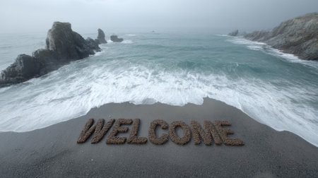 A captivating scene of a welcome message crafted from natural elements, set against a misty beach with rocky formations and gentle waves.の素材