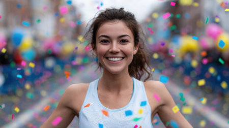 A joyful young woman stands amidst a flurry of colorful confetti on a lively street, exuding happiness and energy during a festive parade.の素材