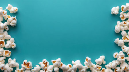 A vibrant blue background framed by scattered popcorn offers a fun and inviting snack theme, ideal for movie nights or casual gatherings.の素材